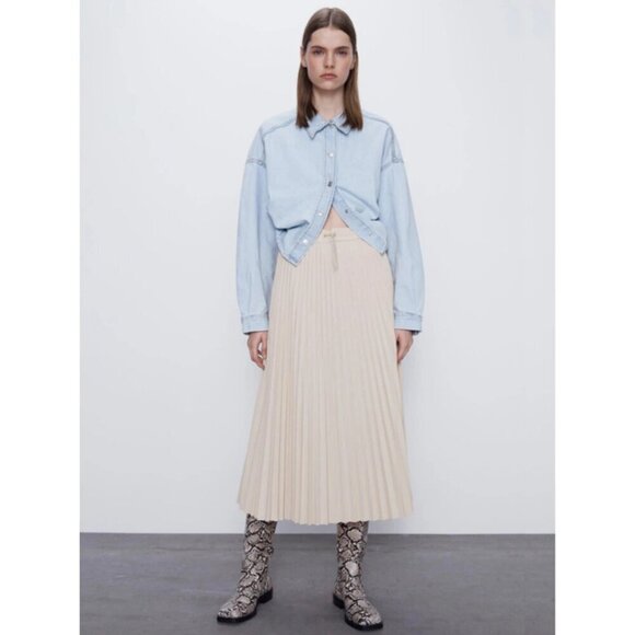 NWOT Zara butter yellow pleated A-line midi skirt, XS - Picture 1 of 11